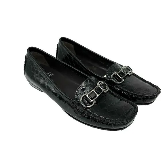 Stuart Weitzman Patent Leather Croc Embossed Wedge Buckle Loafer Shoes Women’s 4