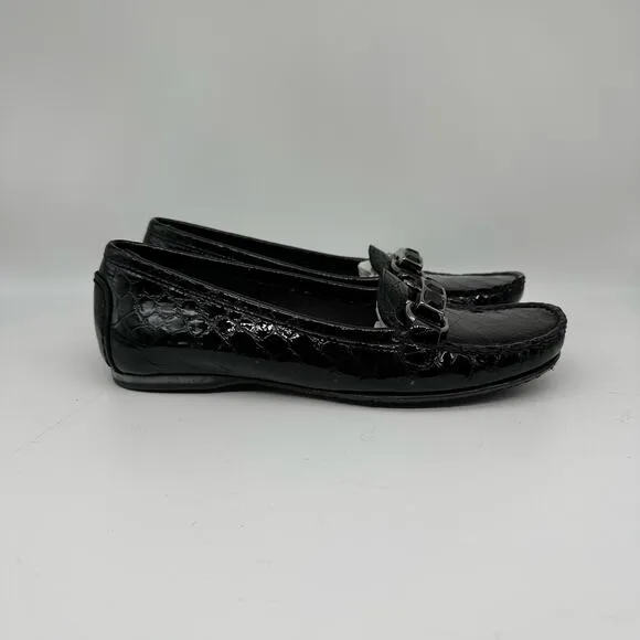 Stuart Weitzman Patent Leather Croc Embossed Wedge Buckle Loafer Shoes Women’s 4