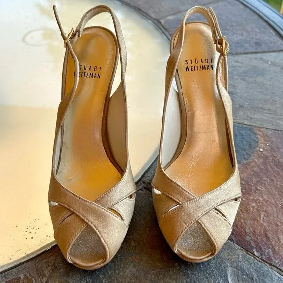 Stuart Weitzman Peekapoo Gold Heels Womens 6 Peep Toe Wedding Formal Prom  Spain