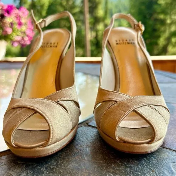 Stuart Weitzman Peekapoo Gold Heels Womens 6 Peep Toe Wedding Formal Prom  Spain