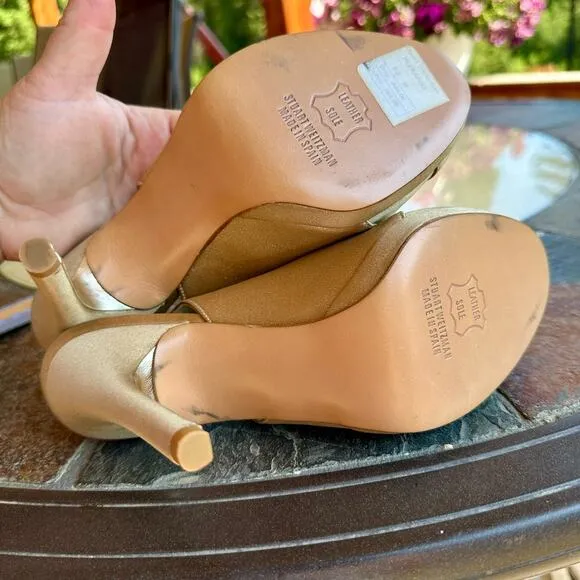 Stuart Weitzman Peekapoo Gold Heels Womens 6 Peep Toe Wedding Formal Prom  Spain