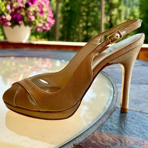 Stuart Weitzman Peekapoo Gold Heels Womens 6 Peep Toe Wedding Formal Prom  Spain