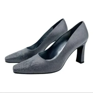 Stuart Weitzman Pewter Fabric Jeweled Evening Heel Pumps Sz 10 Square Toe