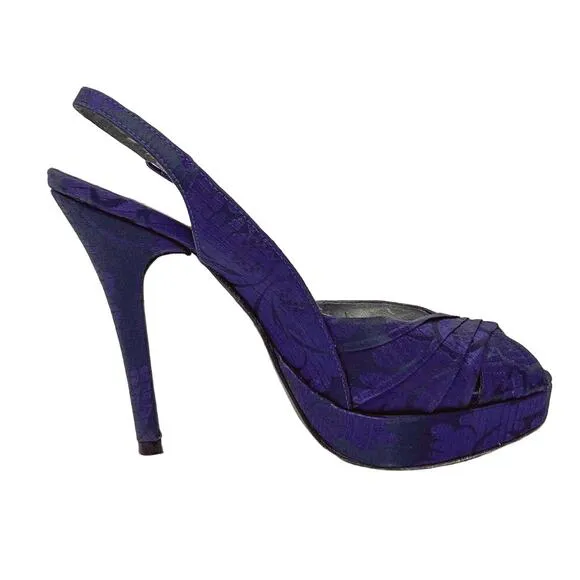 Stuart Weitzman plum purple floral jacquard slingback platform pumps size 7