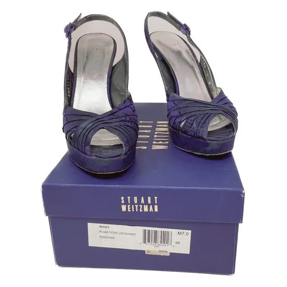 Stuart Weitzman plum purple floral jacquard slingback platform pumps size 7