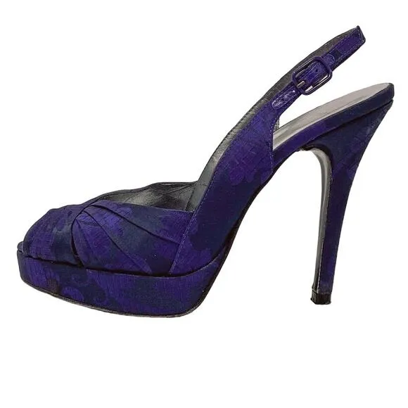 Stuart Weitzman plum purple floral jacquard slingback platform pumps size 7