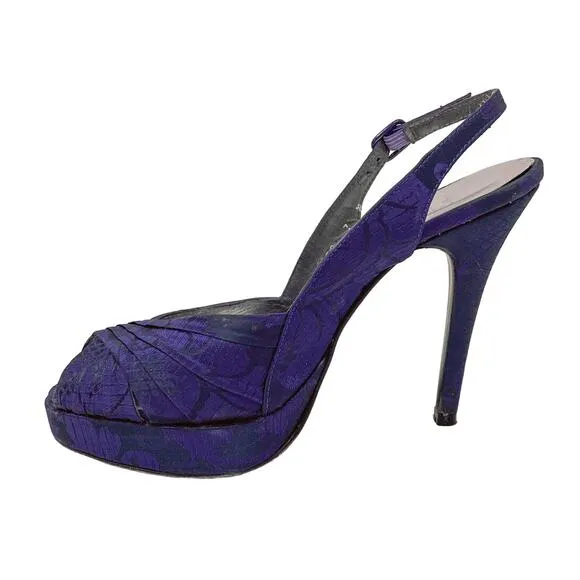 Stuart Weitzman plum purple floral jacquard slingback platform pumps size 7