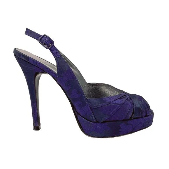 Stuart Weitzman plum purple floral jacquard slingback platform pumps size 7