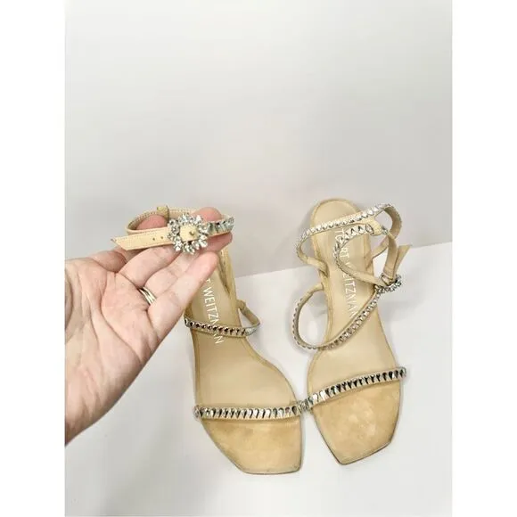 Stuart Weitzman Sandals Womens 8B Suede Leather Ankle Strap Crystal Detailed