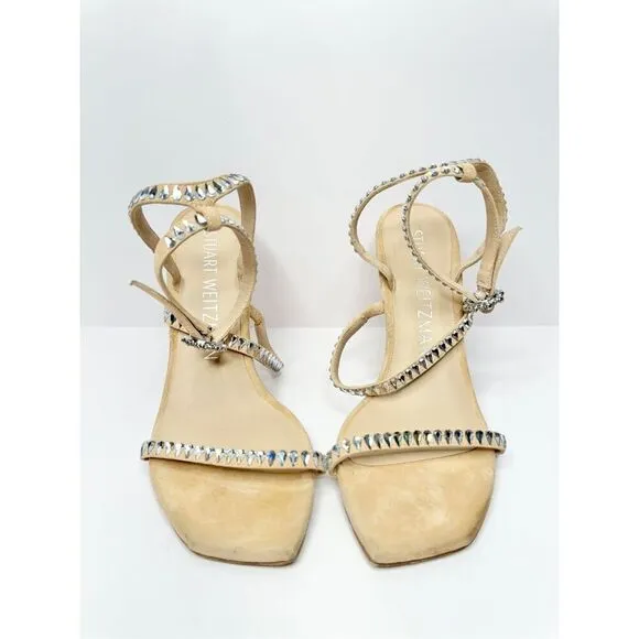 Stuart Weitzman Sandals Womens 8B Suede Leather Ankle Strap Crystal Detailed