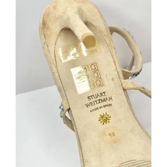 Stuart Weitzman Sandals Womens 8B Suede Leather Ankle Strap Crystal Detailed