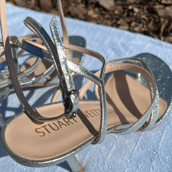 Stuart Weitzman Silver Strappy Sandals, Size 7