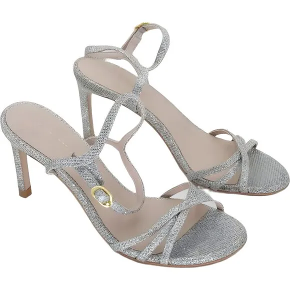 Stuart Weitzman Sparkle Starla Silver Strappy Heeled Sandal Size 6 US / 36.5 EU