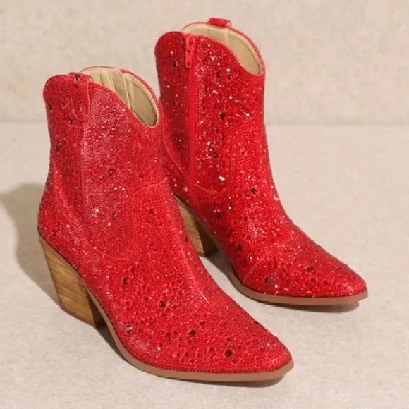 SZ 9 MIIM ANGEL Red Rhinestone Gem Embellished Ankle Western Heeled Cowboy Boot