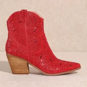 SZ 9 MIIM ANGEL Red Rhinestone Gem Embellished Ankle Western Heeled Cowboy Boot