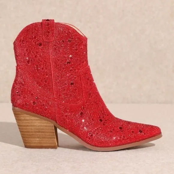 SZ 9 MIIM ANGEL Red Rhinestone Gem Embellished Ankle Western Heeled Cowboy Boot