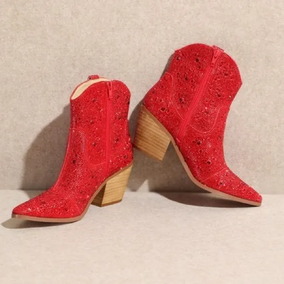 SZ 9 MIIM ANGEL Red Rhinestone Gem Embellished Ankle Western Heeled Cowboy Boot
