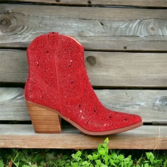 SZ 9 MIIM ANGEL Red Rhinestone Gem Embellished Ankle Western Heeled Cowboy Boot