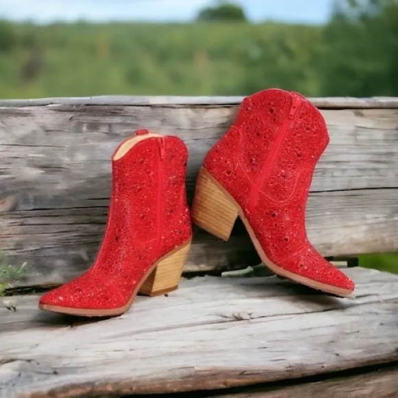 SZ 9 MIIM ANGEL Red Rhinestone Gem Embellished Ankle Western Heeled Cowboy Boot