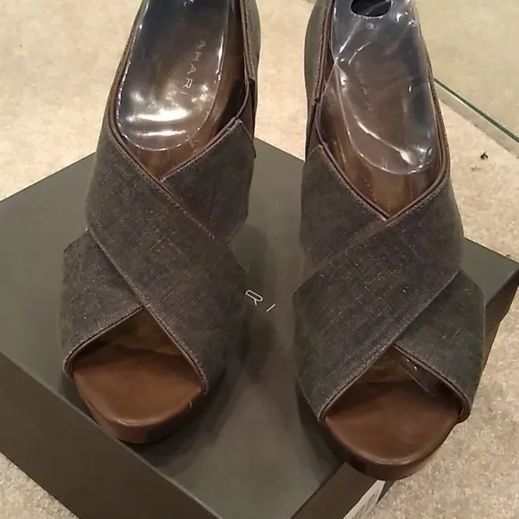 Tahari denim and leather heels, peep toe, blue, black, brown