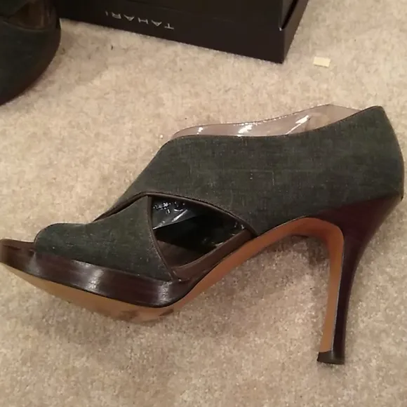 Tahari denim and leather heels, peep toe, blue, black, brown