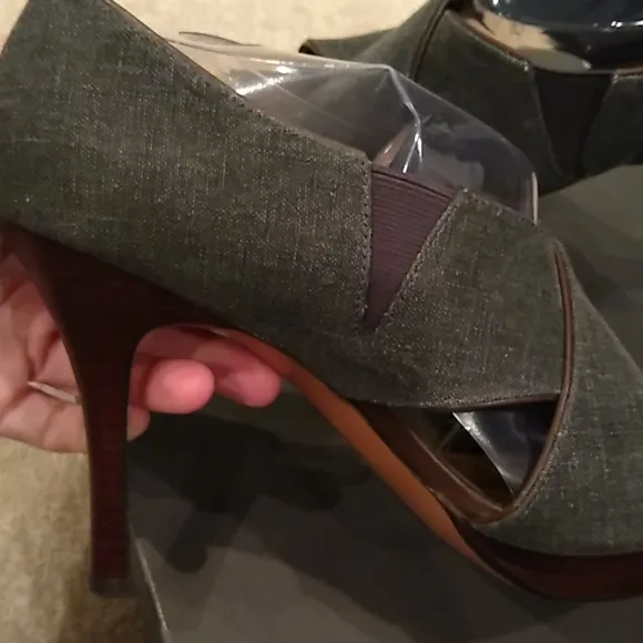 Tahari denim and leather heels, peep toe, blue, black, brown