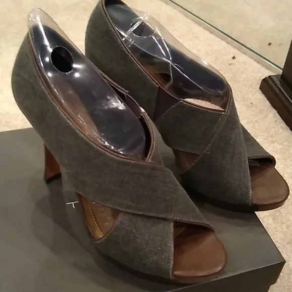 Tahari denim and leather heels, peep toe, blue, black, brown