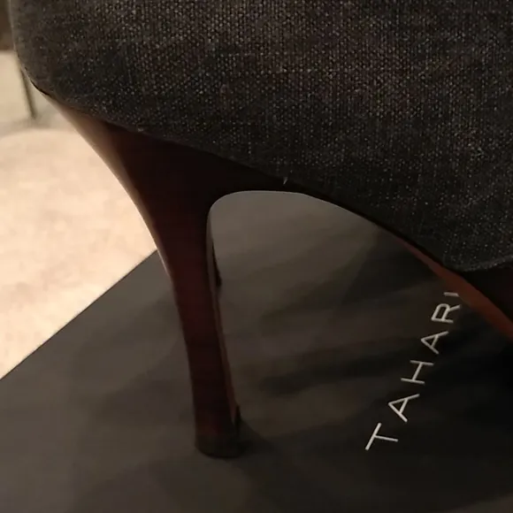 Tahari denim and leather heels, peep toe, blue, black, brown