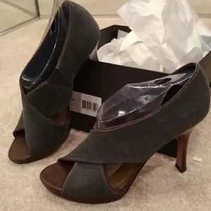 Tahari denim and leather heels, peep toe, blue, black, brown