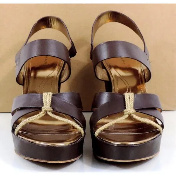 Tahari India Strappy Platform Wedge Sandal Heels Leather Dark Brown