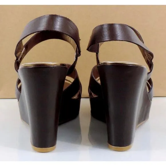 Tahari India Strappy Platform Wedge Sandal Heels Leather Dark Brown