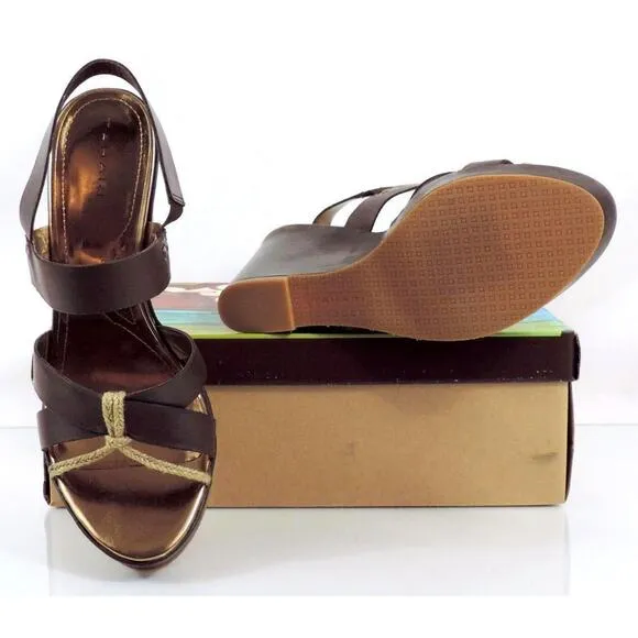 Tahari India Strappy Platform Wedge Sandal Heels Leather Dark Brown