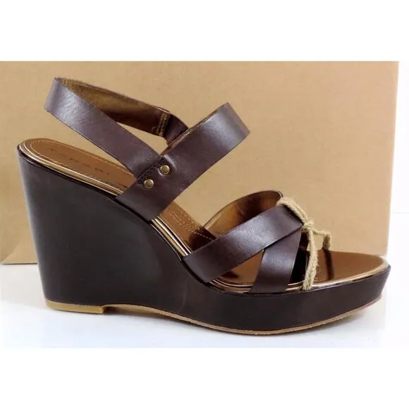 Tahari India Strappy Platform Wedge Sandal Heels Leather Dark Brown