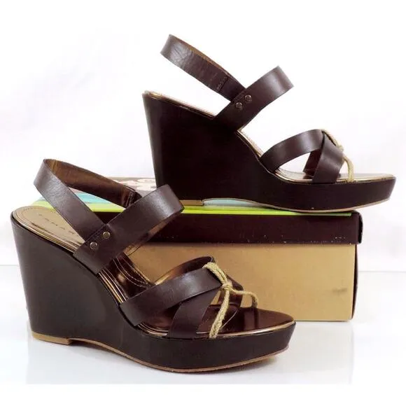 Tahari India Strappy Platform Wedge Sandal Heels Leather Dark Brown