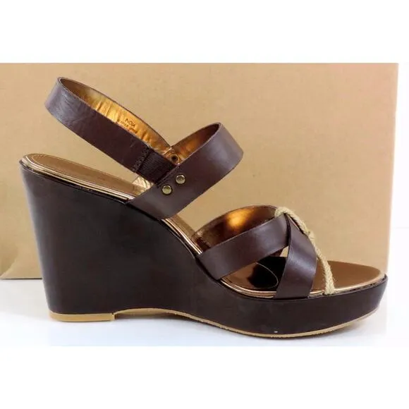 Tahari India Strappy Platform Wedge Sandal Heels Leather Dark Brown