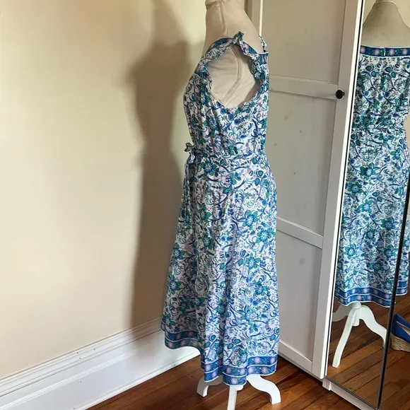 Talbots Blue and White Floral Square Neck Midi Dress Flutter Sleeves -NWT- 14P