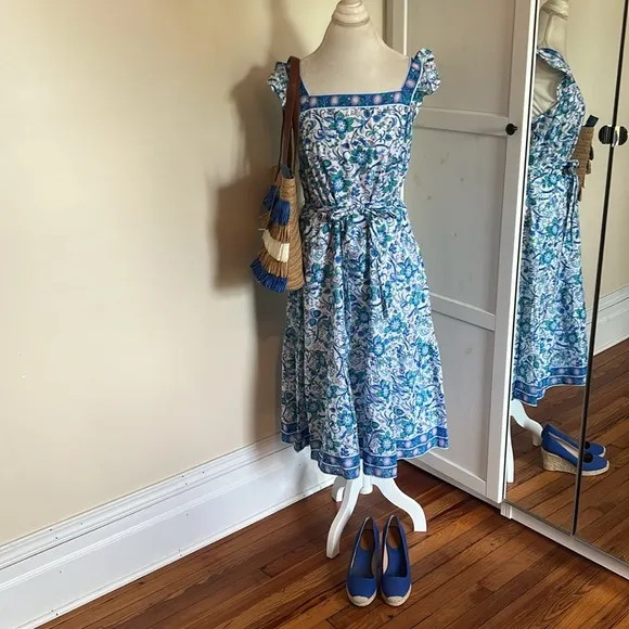 Talbots Blue and White Floral Square Neck Midi Dress Flutter Sleeves -NWT- 14P