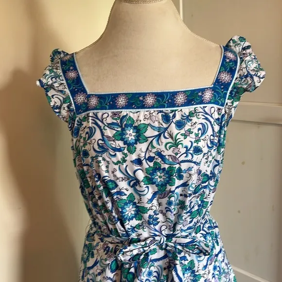 Talbots Blue and White Floral Square Neck Midi Dress Flutter Sleeves -NWT- 14P
