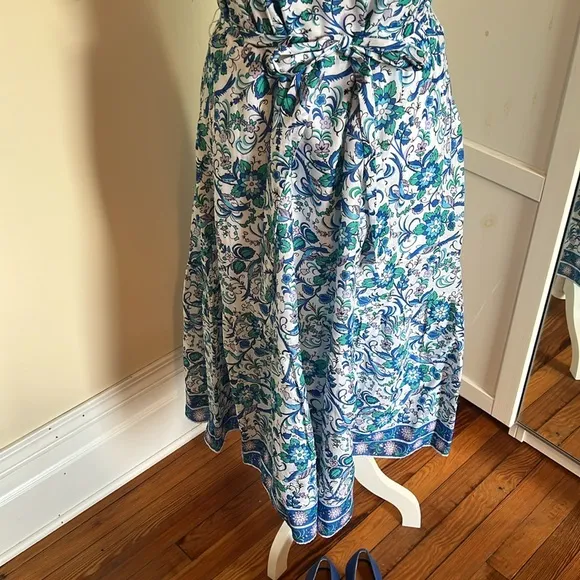 Talbots Blue and White Floral Square Neck Midi Dress Flutter Sleeves -NWT- 14P