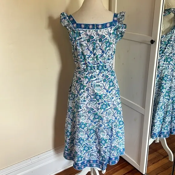 Talbots Blue and White Floral Square Neck Midi Dress Flutter Sleeves -NWT- 14P