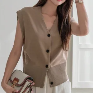 Tan sleeveless button front cardigan sweater vest - v neck