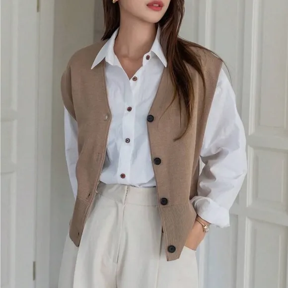 Tan sleeveless button front cardigan sweater vest - v neck