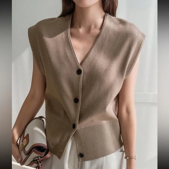 Tan sleeveless button front cardigan sweater vest - v neck