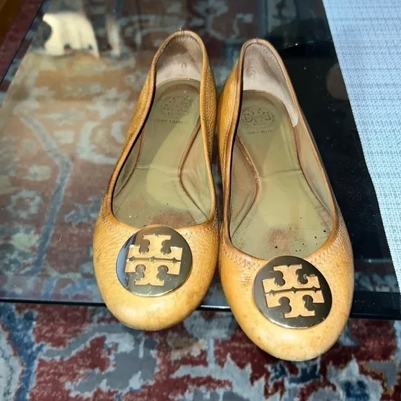Tan Tory Burch Reva Flats, stressed leather