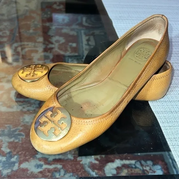 Tan Tory Burch Reva Flats, stressed leather