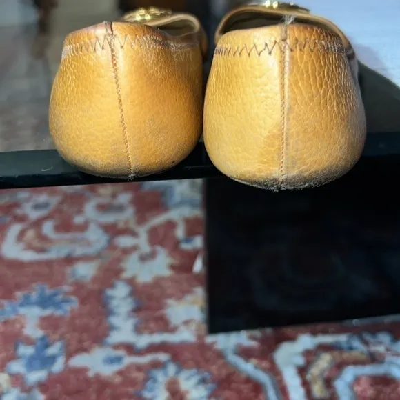 Tan Tory Burch Reva Flats, stressed leather