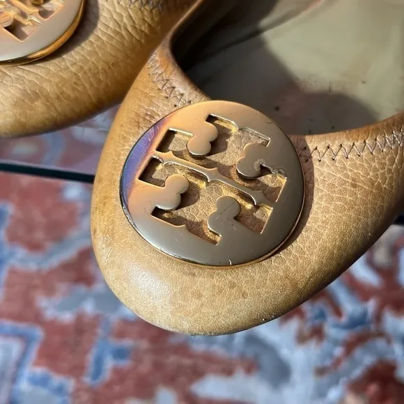 Tan Tory Burch Reva Flats, stressed leather