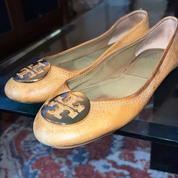 Tan Tory Burch Reva Flats, stressed leather