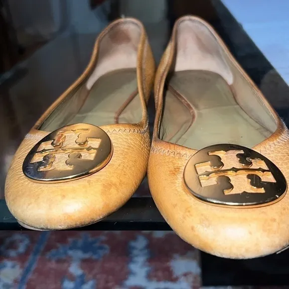 Tan Tory Burch Reva Flats, stressed leather