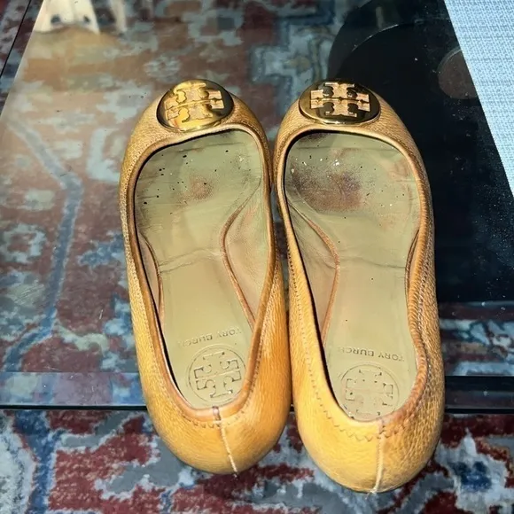 Tan Tory Burch Reva Flats, stressed leather